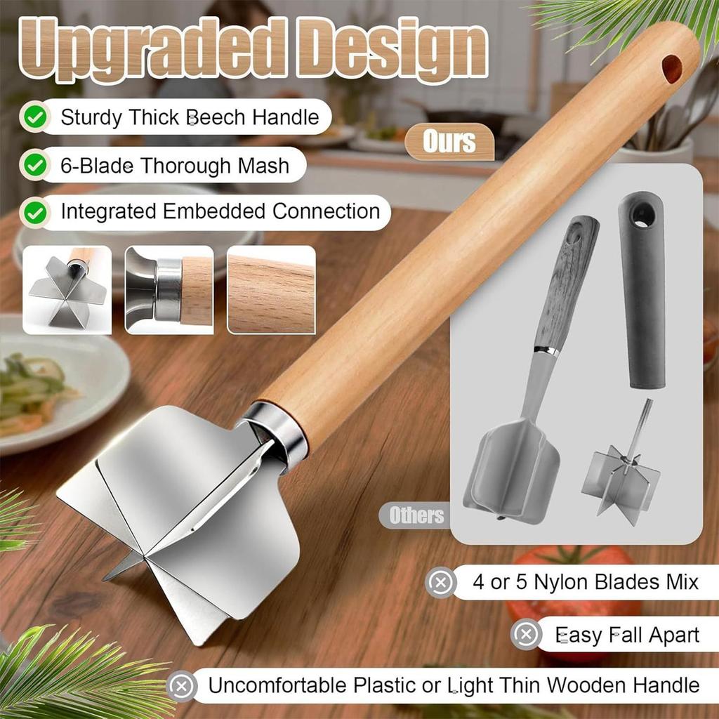 Ground Beef Masher Food Grinder With Wooden Handle Non-Stick Food Masher For Meat Vegetable Potato Chicken Beef Nut Kitchen Home