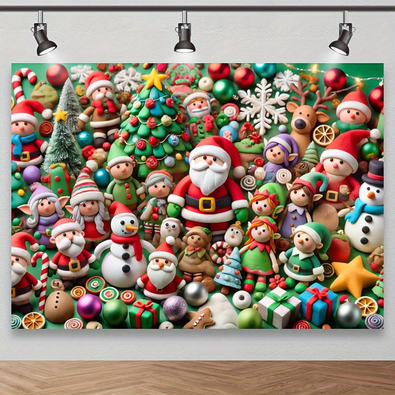 A charming Christmas polyester background cloth featuring Santa Claus, snowmen and elves - the perfect party decoration