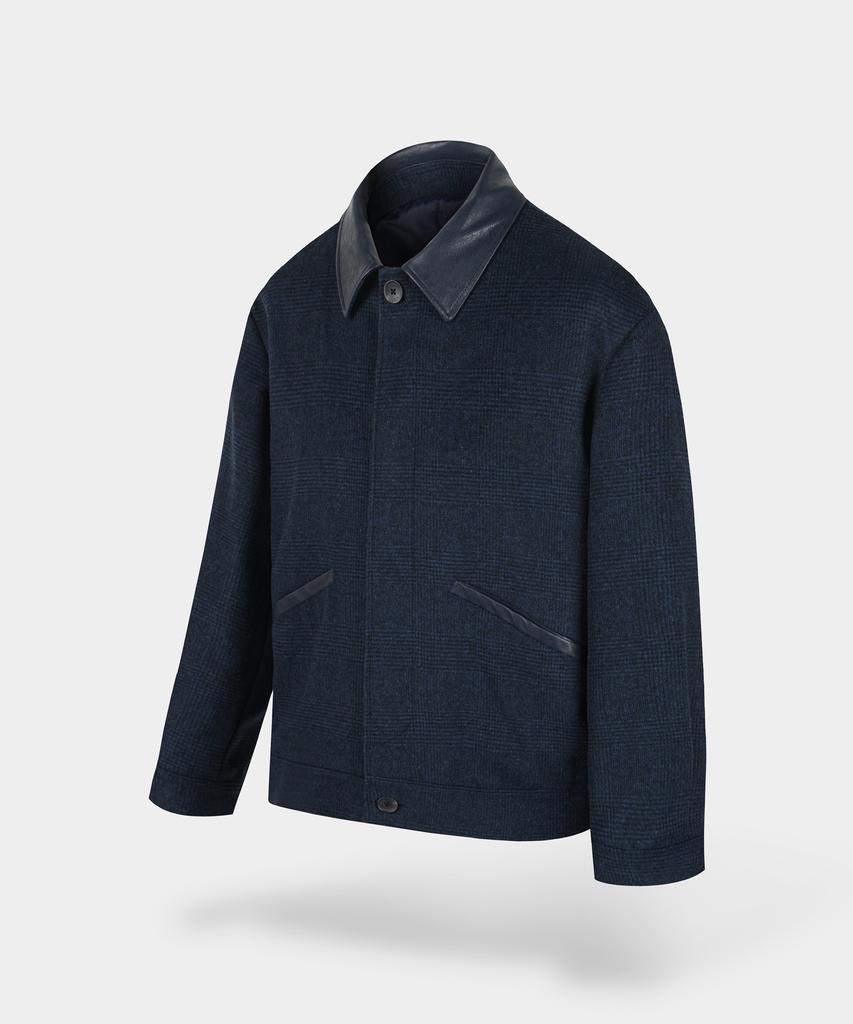 Birbante Wool Blend Leather Collar Blouson Jacket - Navy Check