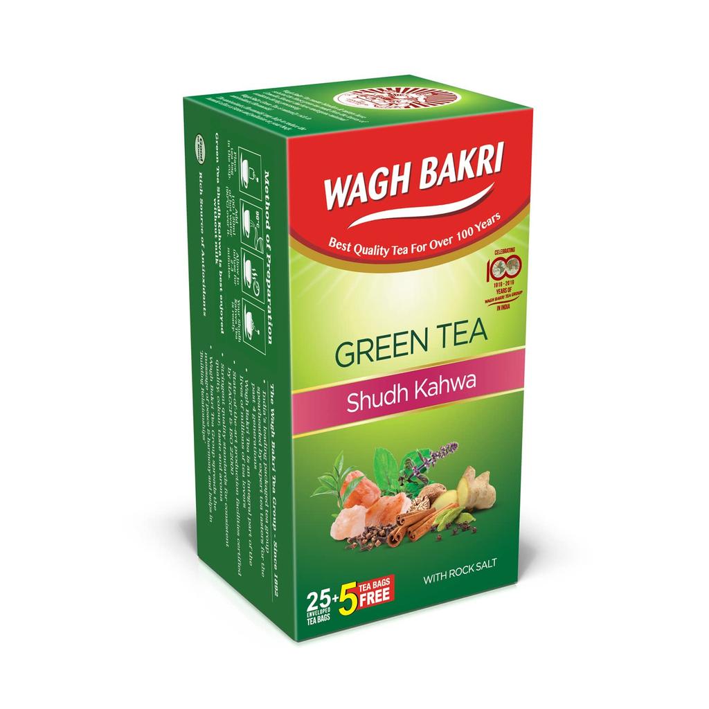 Wagh Bakri Shudh Kahwa Green Tea Bags 25 Count Refreshing Aromatic Blend For Relaxation Smooth Brewing Experience Total 62.5 Grams