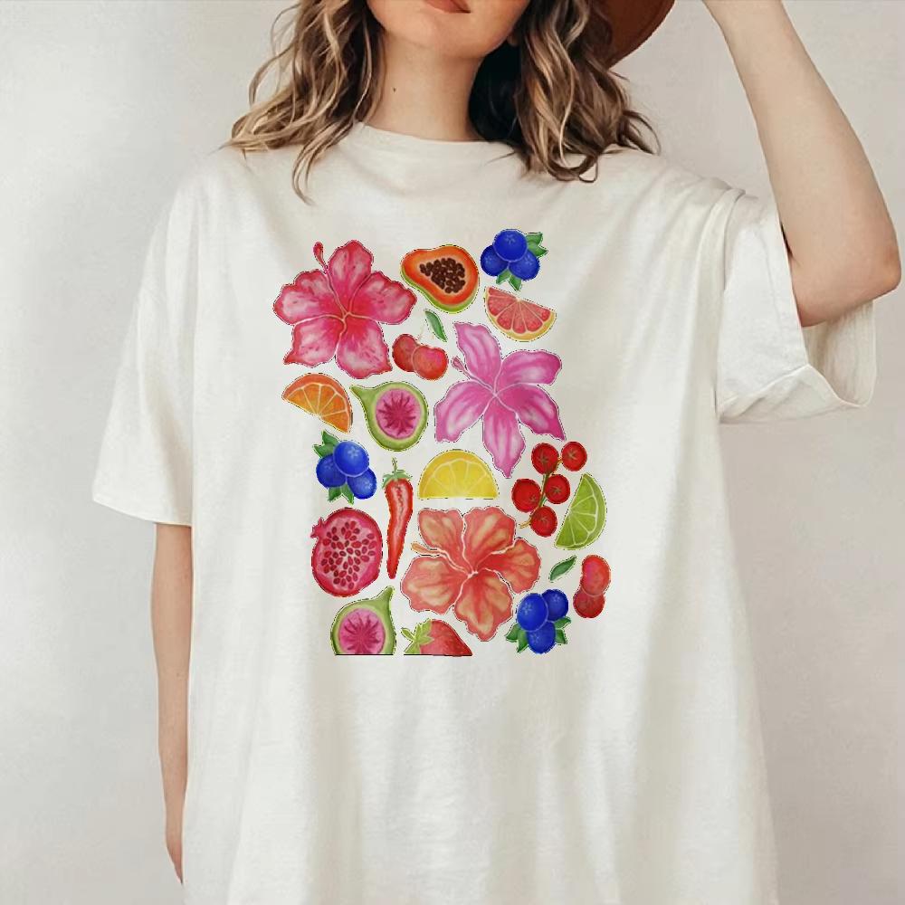 Exotic Tropical Fruit Floral Pattern Hibiscus Papaya Watermelon Lime Cherry Blueberry Chili Pepper White Crew Neck Short Sleeve