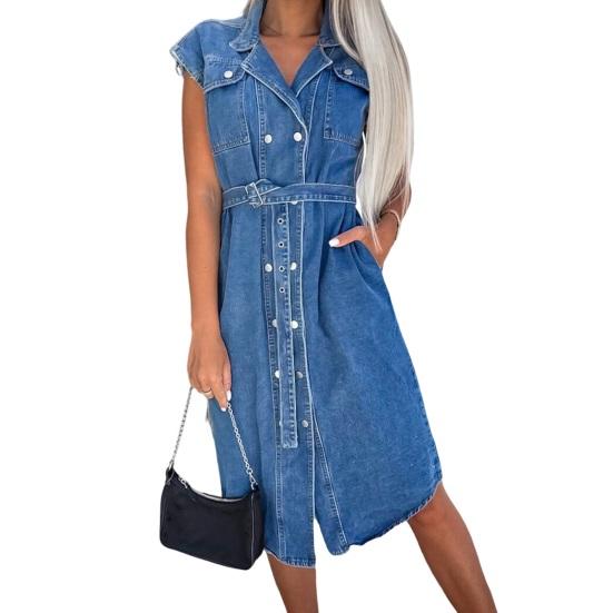 Женское джинсовое платье-рубашка без рукавов с пуговицами на лацканах, джинсовое платье, повседневное летнее платье А-силуэта с завязкой на талии для работы, офиса, вечеринки