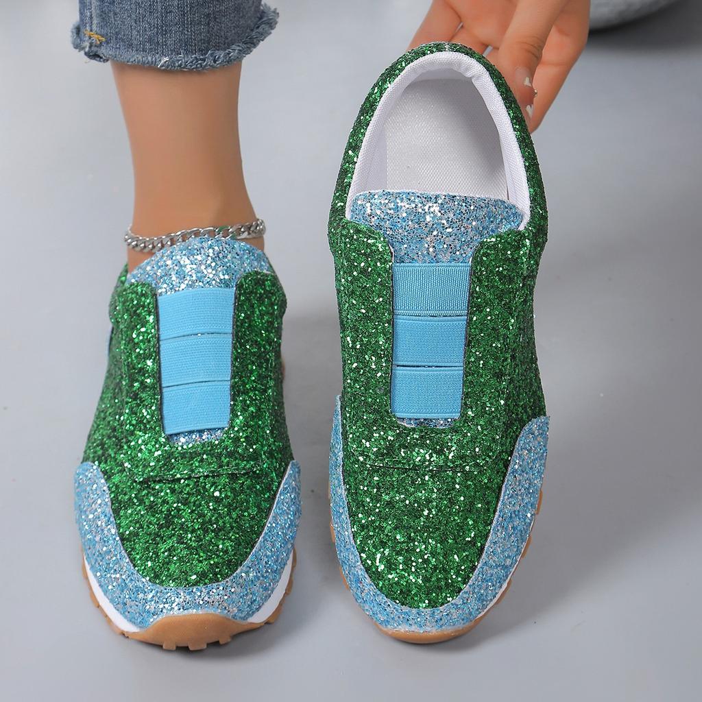 Women's Glitter Slip-On Flats, Rhinestone Elastic Platform Loafers, Round Toe Casual Shoes In Stock