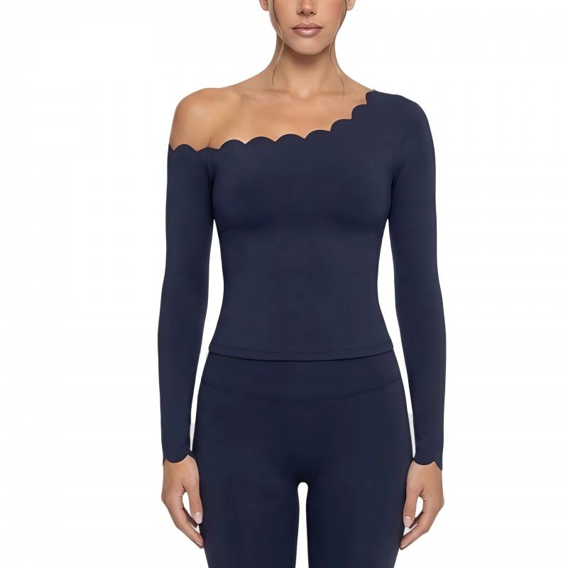 Womens High-Elastic Seamless Side-Shoulder Yoga Top With Built-in Pad Breathable Quick-Dry Long Sleeve Running Fitness