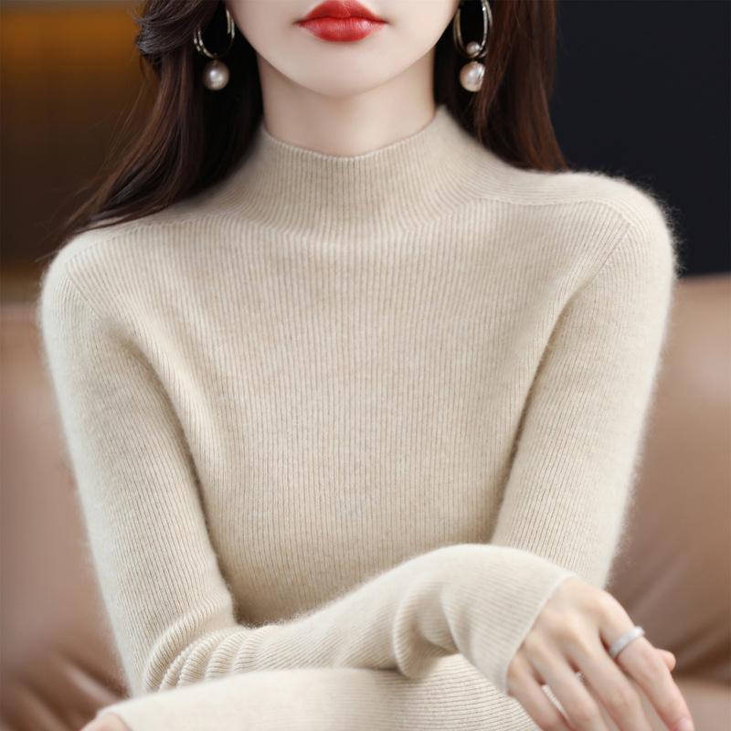 Women's Slim-Fit Korean Style 100% Wool Sweater, Half-High Neck Knit Base Layer for Autumn/Winter