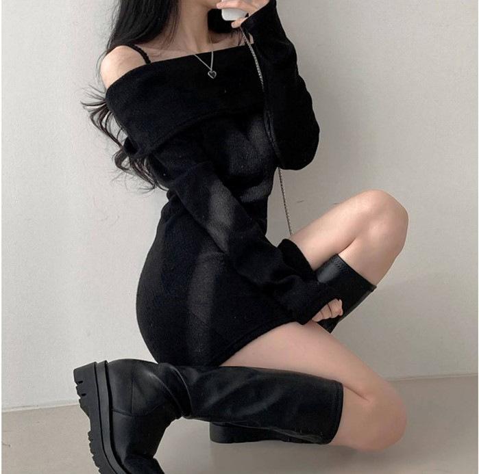 Korean chic autumn small man sexy off-the-shoulder suspender lapel slim ribbed knitted dress hip-wrapped short skirt