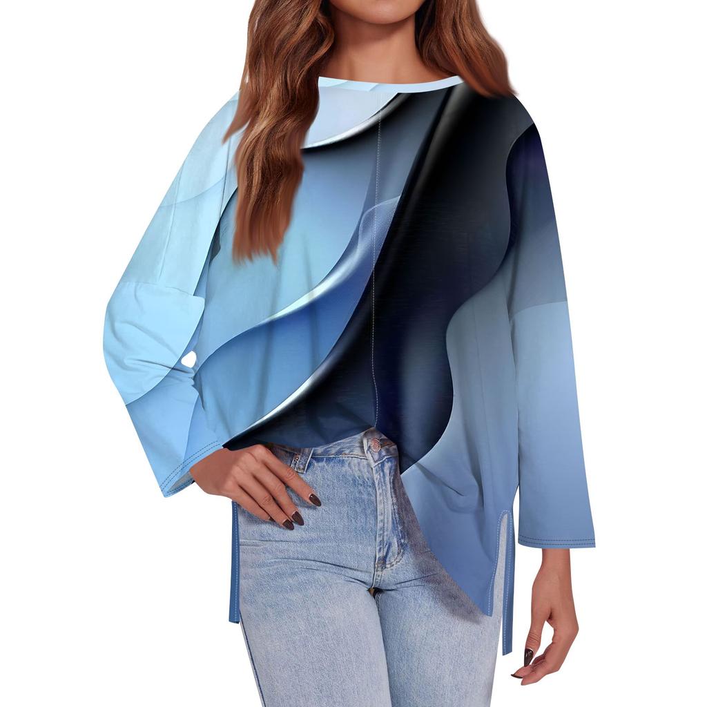 Женская модная свободная футболка большого размера с круглым вырезом и длинным рукавом, с геометрическим узором по бокам, с принтом, повседневный топ