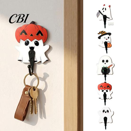 Adhesive Wall Hanger for Masks Halloween Themed Hook, Decorative Ghost Pattern Key Hanger, Self Hooks Keys Backing Wood Base Hook Bathroom Entryway