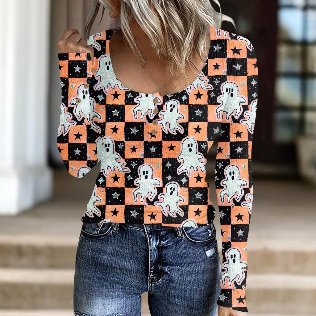 Женский модный повседневный свитер с длинными рукавами и принтом на пуговицах в стиле Хэллоуина