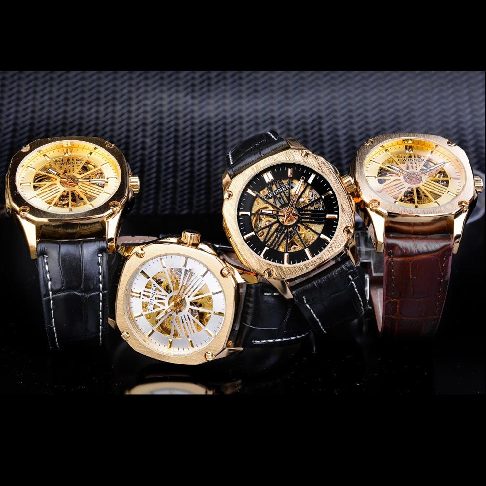 Победитель Новые лучшие мужские часы Механические часы со скелетом Автоматические механические часы Мужские часы с ремнем