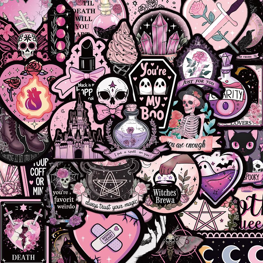 50-Piece Set: Black & Pink Gothic Graffiti Stickers for Luggage, Water Bottles, Notebooks, Fridges, and Skateboards