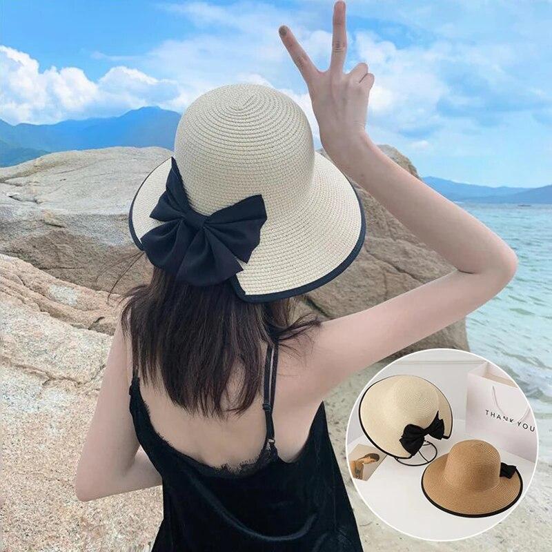 Летние соломенные шляпы для женщин, Панама с широкими полями и бантом, пляжная кепка для путешествий, женская складная шляпа от солнца с защитой от ультрафиолета