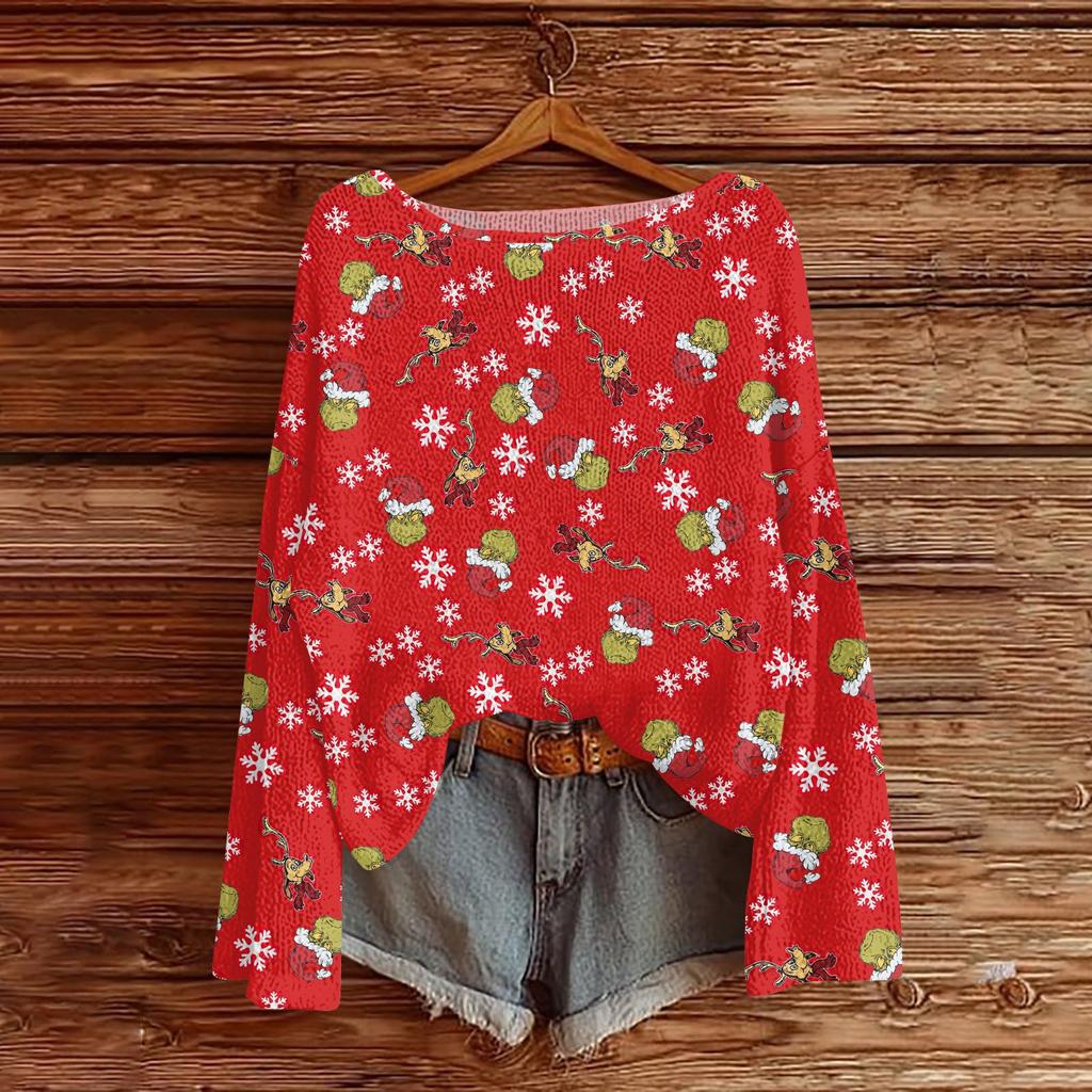 Women's Round Neck Lightweight Sweater Casual Long Sleeve Christmas Print Knit Pullover.