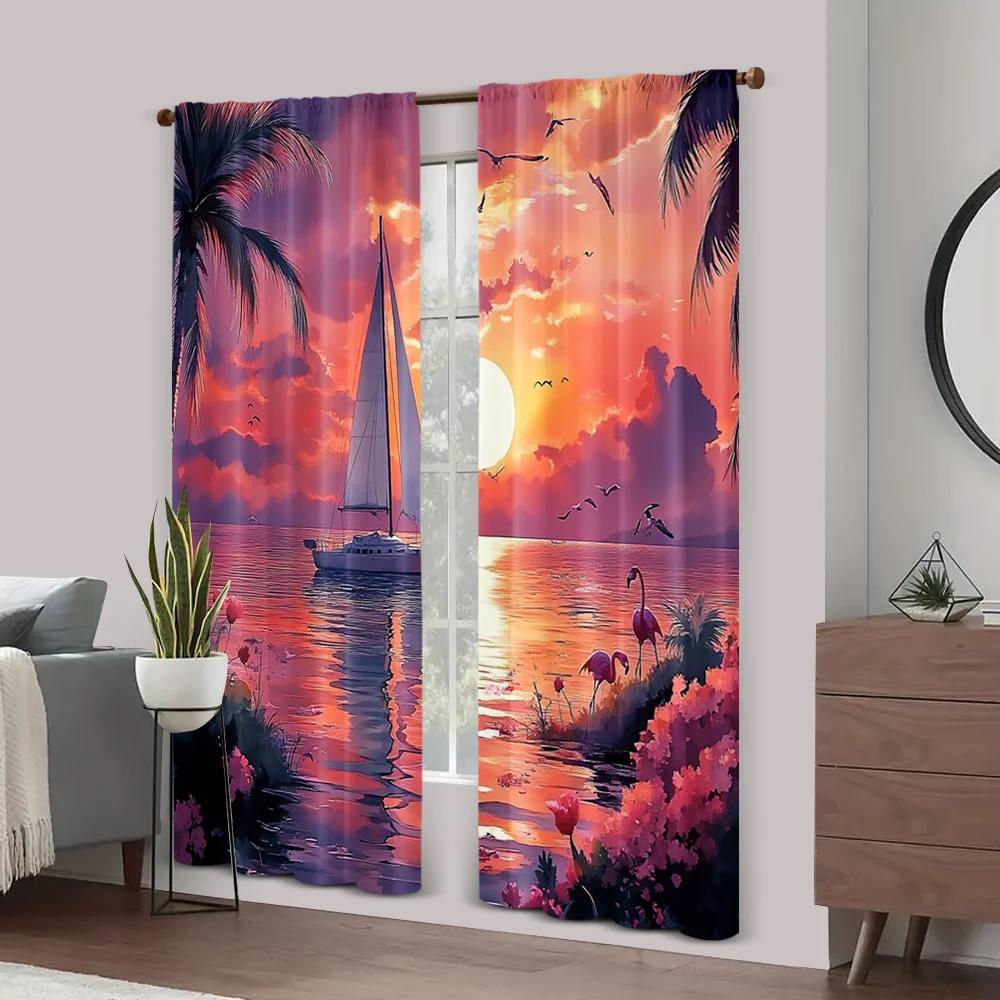2pc    Curtains Flamingo Sunset with Sailing Durable 100% Polyester Fabric  Without Electricity Birthday Party Use for Holiday