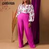 Spring and Autumn Women's Long Sleeve Top Long Pants Plus Size Fashion Printed Tie Top Wide Leg Pants OL Set