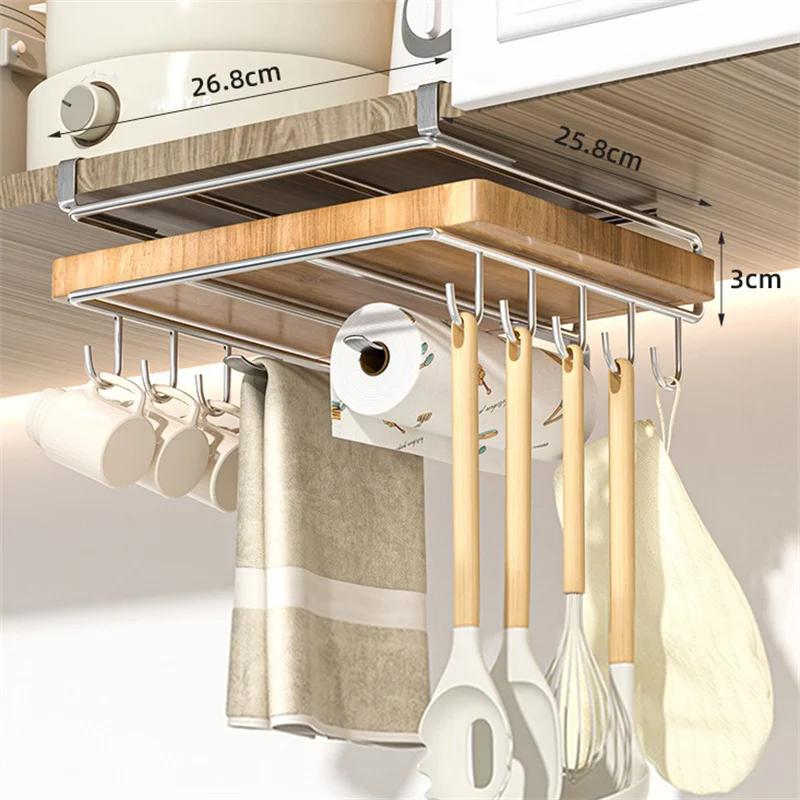 Stainless Steel Kitchen Hanging Organizer Rack with Hooks Paper Towel Rag Hanging Rack Cutting Board Pot Cover Storage Shelf