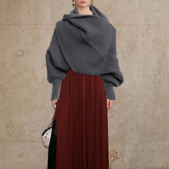 Women Knitted Scarf with Sleeve Fall Winter Warm Shawl Wrap Cardigan Solid Color Thickened