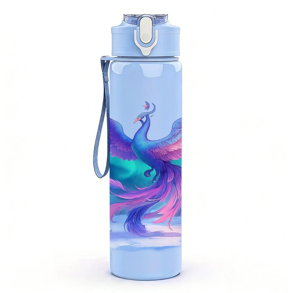 1PC Gradient Phoenix Bird Fantasy Art Print 750ml Color Plastic Sports Water Bottle Leakproof Flip Straw Lid Suitable for Sports Office Home Use