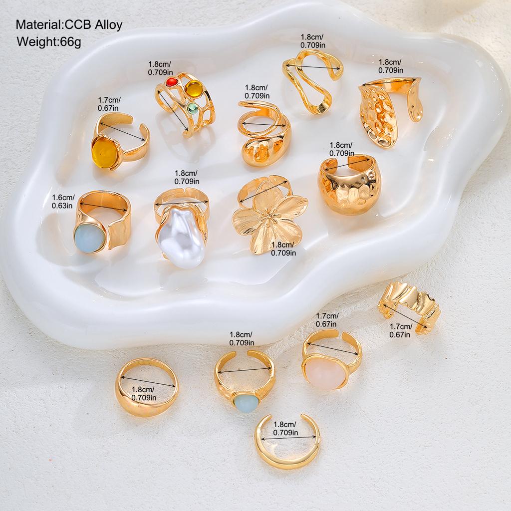 14Pcs Gold Color Floral Pearl Gemstone Ring Set For Women Vintage Irregular Lava Texture Stackable Finger Rings Trendy Jewelry
