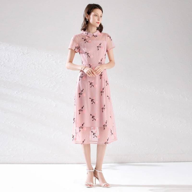 Summer Fashion Lapel Embroidered Plum Blossom Commuting Mid Length Skirt Slim Fit Short Sleeved Lace Dress