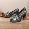 Винтажная женская обувь на высоких каблуках в стиле масляной живописи с цветочным рисунком, туфли без шнуровки из натуральной кожи в стиле ретро с круглым носком