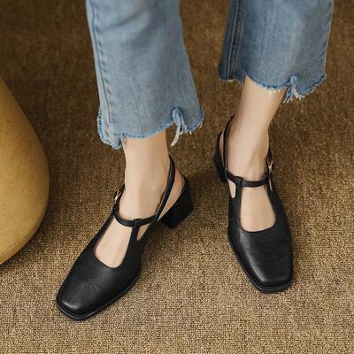 Мода 2025 Новые Высококачественные Женские Сандалии из Натуральной Кожи Винтажные с Т-образным Ремешком Квадратный Носок Толстый Каблук Обувь Женская Летняя Офисная Женская Обувь-Лодочки