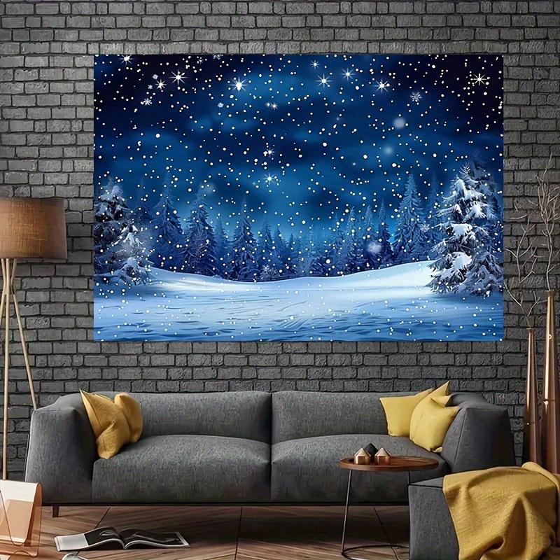 Christmas night sky background fabric - pine trees blue and white snowflakes polyester - living room and outdoor decoration