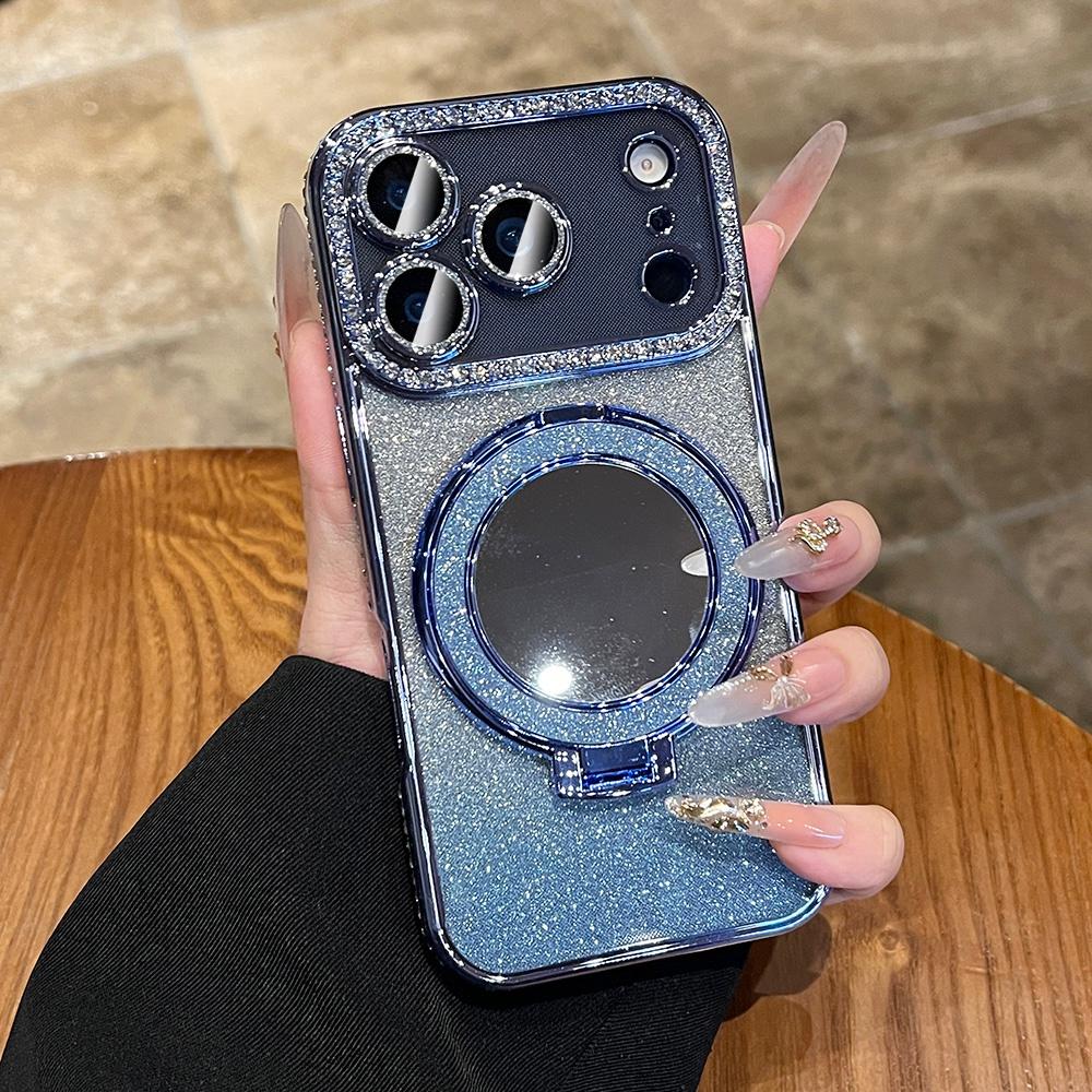 Gradient Glitter For Magsafe Magnetic Mirror Stand Holder Case For iPhone 13 14 15 16 17 Pro Max Bling Diamond Shockproof Cover