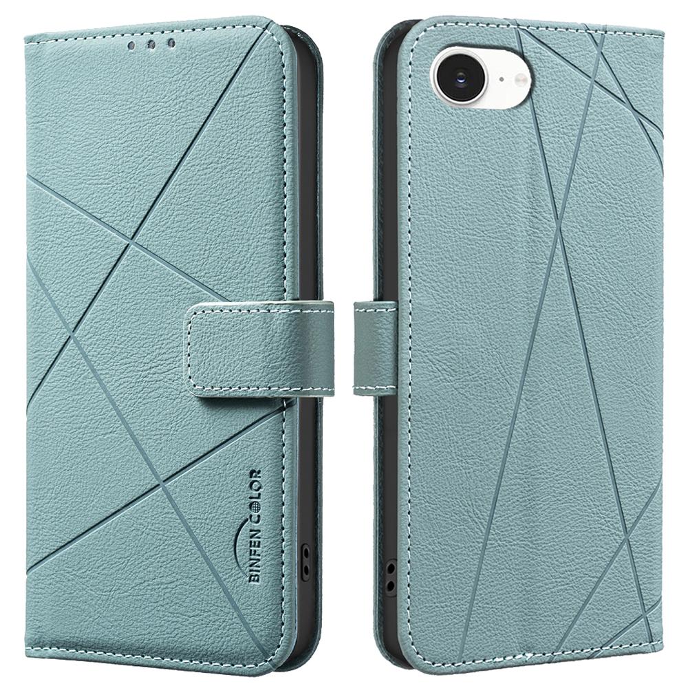 BINFEN COLOR BF35 For iPhone 16e Case RFID Blocking Wallet Stand Geometry Imprinted Leather Phone Cover