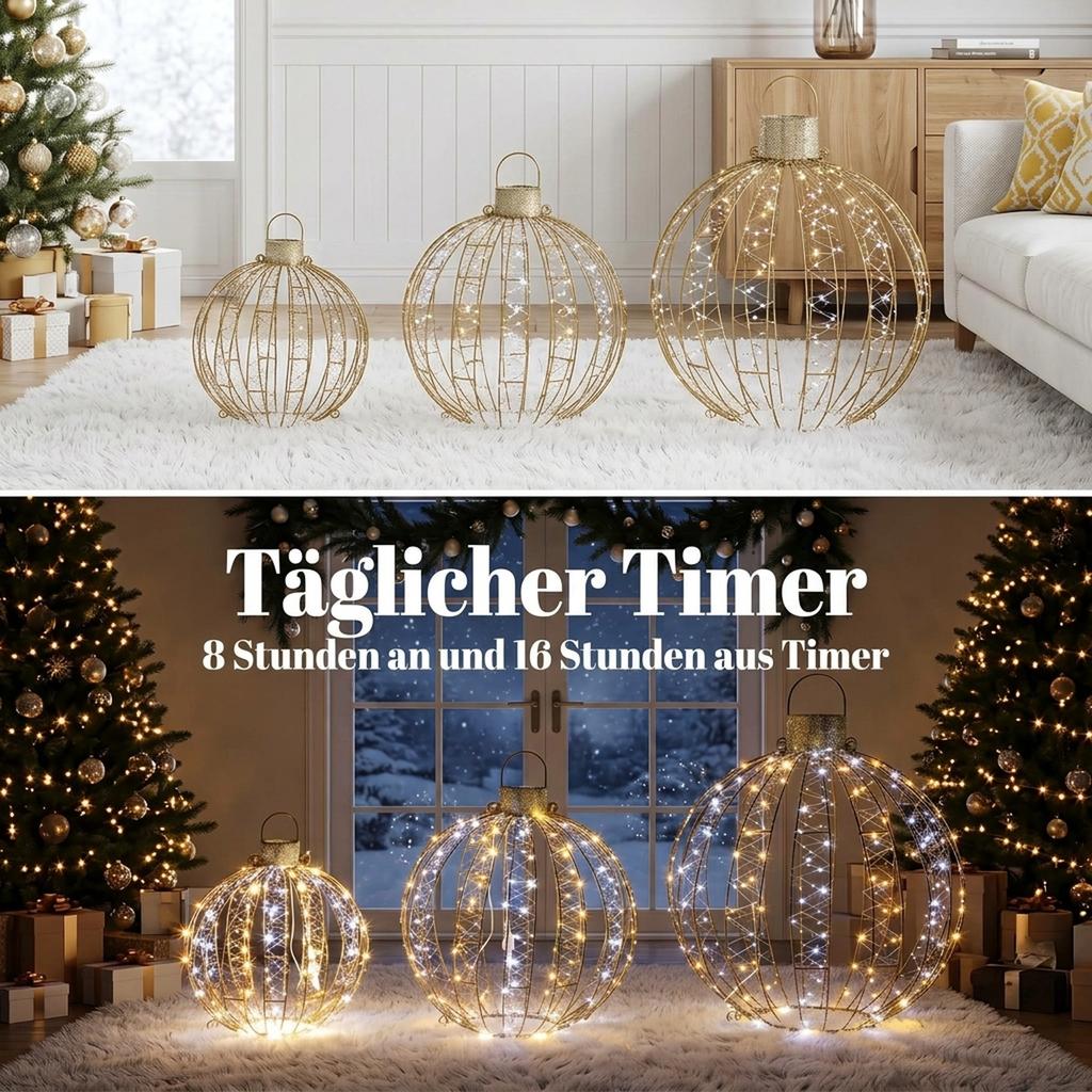 3-piece illuminated Christmas bauble set for outdoor use, 360 warm white/cool white LEDs, continuous & flashing light, 24-hour timer