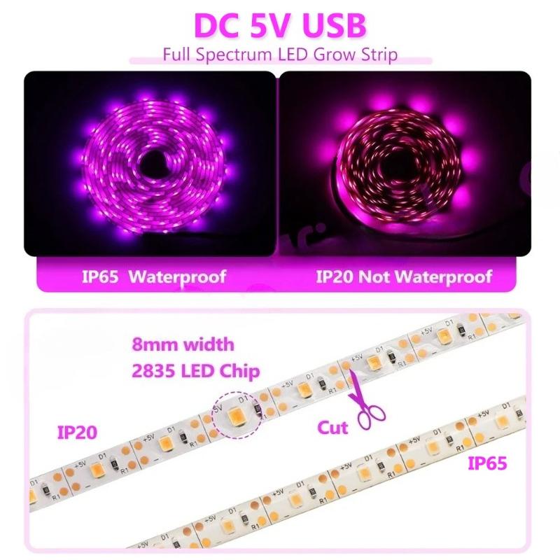 1M/2M/3M/4M/5M Фитолампа Светодиодная лента для роста 5V USB LED 1-5м Полный спектр Водонепроницаемый Светодиодный чип для теплицы Цветов Рассады Палатки для выращивания Гидропоники