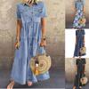 Women's Maxi Dress Stand Collar Short Sleeve Long Dress Casual Single-breasted Patchwork Pockets Dress