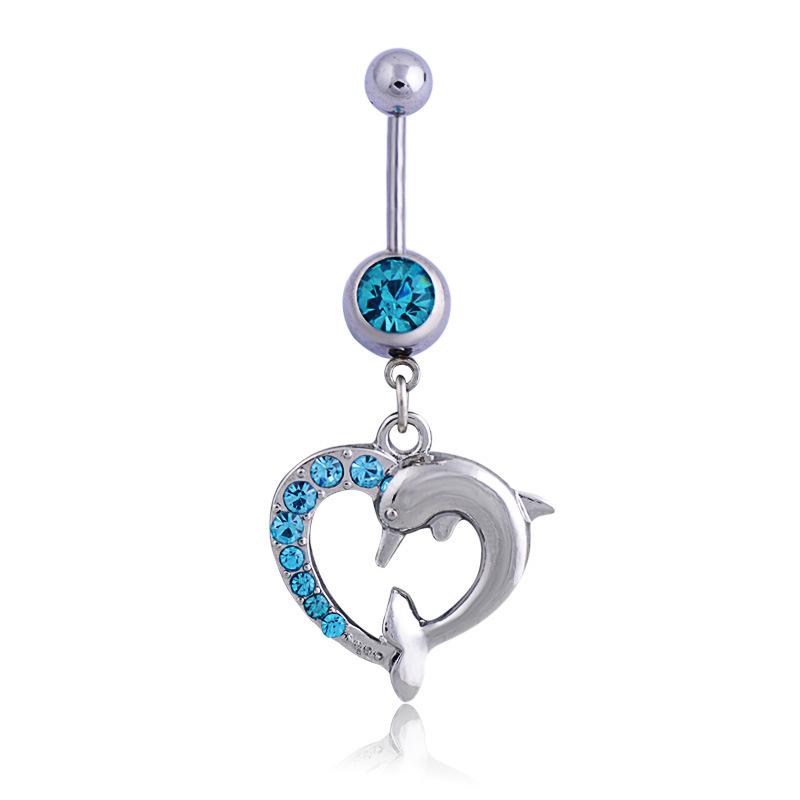 Stainless Steel Puncture Belly Button Buckle Dolphin Love Inlaid Diamond Pendant Belly Navel Ring Belly Dance Accessories Umbilical Nail