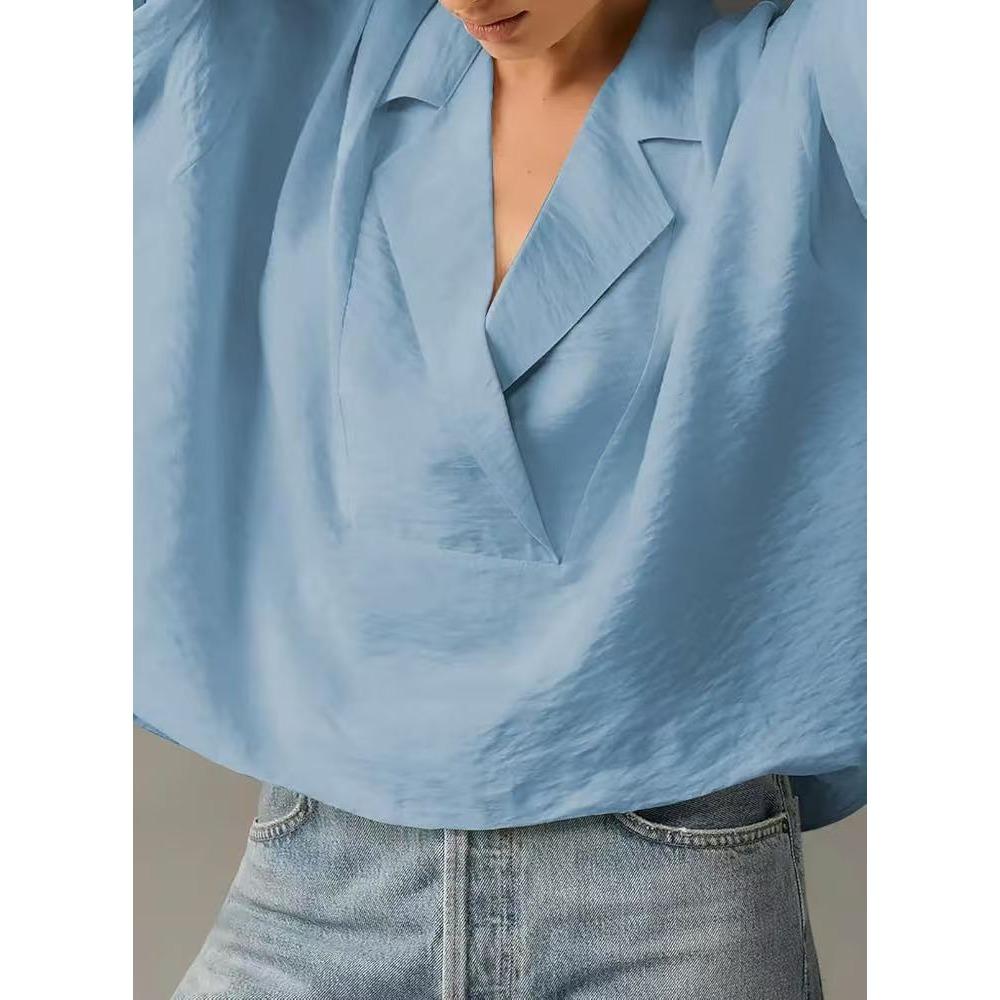 Summer Short Sleeved Lapel Casual Loose Top Solid Color Women's Blouses & Shirts