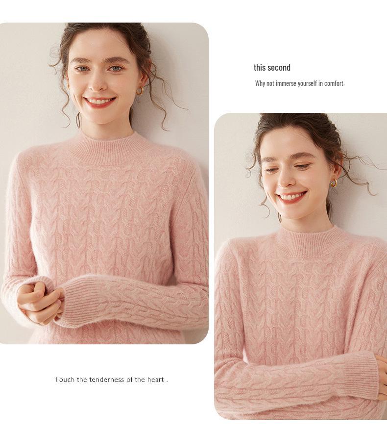 Women's High Neck Cable Knit Cashmere Sweater, Loose Fit, Solid Color, Thick Inner Layer for Autumn/Winter 2024