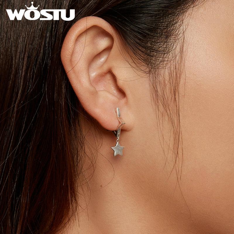 WOSTU 925 Sterling Silver Double Star Dangle Hoop Earrings For Women Punk Geometric Star Pendant Earrings Minimalist Jewelry