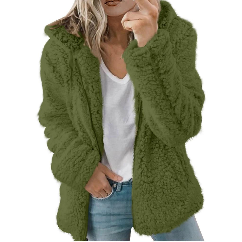 Женская мода сплошной цвет куртка с длинным рукавом на молнии с капюшоном плюшевое пальто