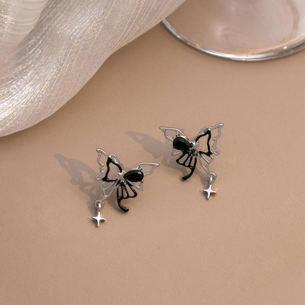 Dark Butterfly Hollow Earrings with Asymmetrical Star Tassels - Sweet and Cool Style