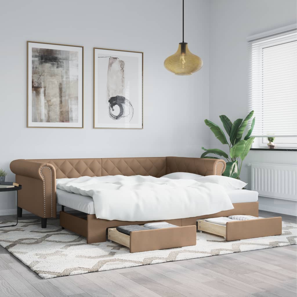Daybed Pull out with Drawers Brown 90x200 cm Faux Leather
