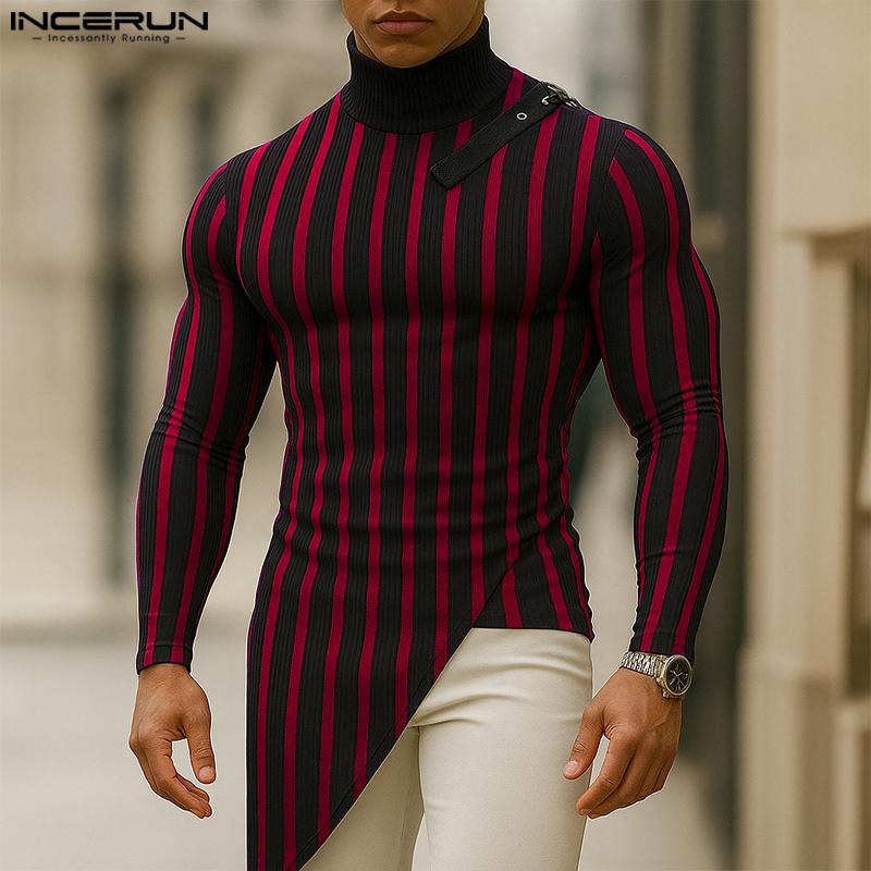 INCERUN Autumn Men's High Neck Long Sleeve Patchwork Striped Irregular Casual T-shirts Undershirts