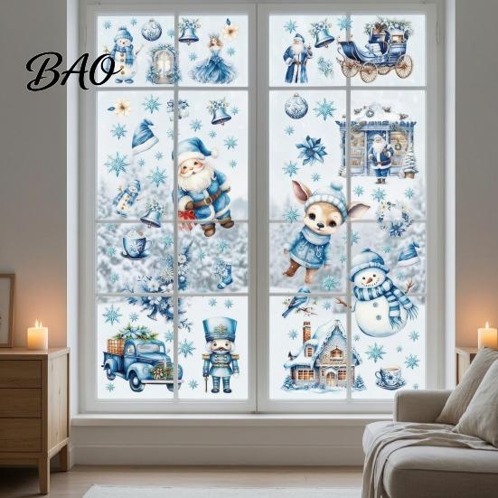 Snowman Window Decor 9Pcs Christmas Clings, Blue Santa Reindeer Static Stickers, Elk Glass Stickers Reusable Double Sided Xmas Decorations for