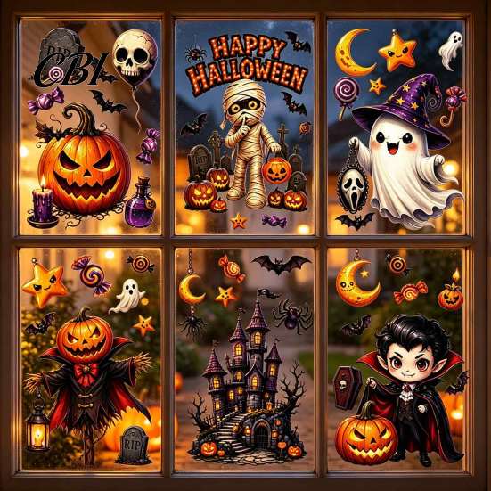 Pumpkin Ghost Decorations Halloween Static Window Clings, Mummy Vampire Cartoon Decals, Reusable Stickers Self-Adhesive Clings for Glass Door