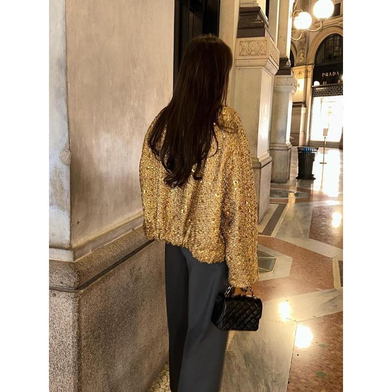 Блестящая куртка с воротником-стойкой и блестками для женщин 2023, осень-зима, с длинным рукавом, золотого цвета, повседневное свободное женское пальто, шикарное карманное модное уличное пальто, винтажное пальто