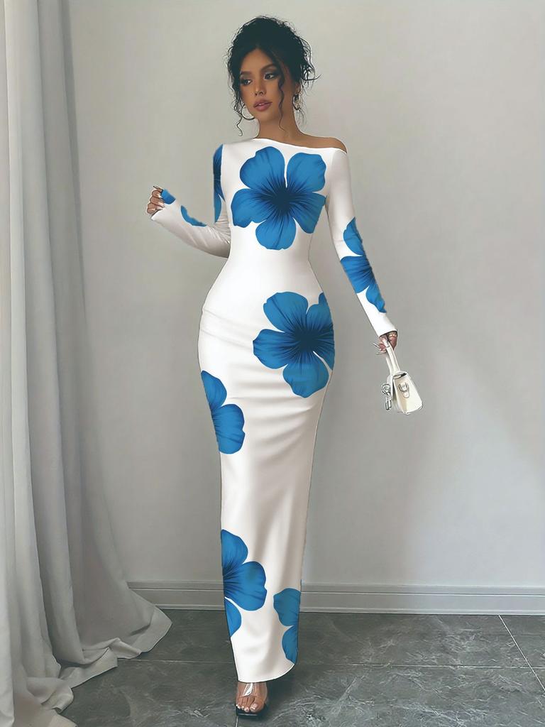 Осень Новое Платье Макси с Принтом Элегантное Приталенное Платье с Длинным Рукавом Женское Готовое