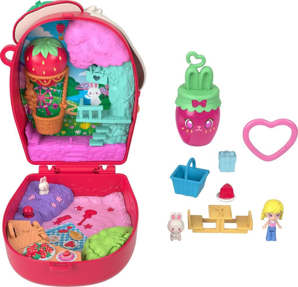 Polly Pocket Doll & Playset, Strawberry Picnic Bunny Compact.