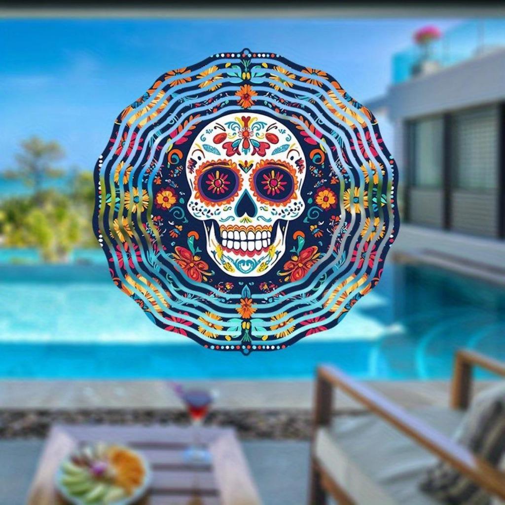 2D Metal Sugar Skull Wind Chime with Floral Design Colorful Wind-Powered Hanging Decor for Garden Patio Holiday