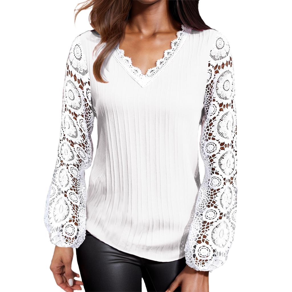 Женская свободная повседневная футболка с v-образным вырезом и кружевом в стиле пэчворк с длинными рукавами