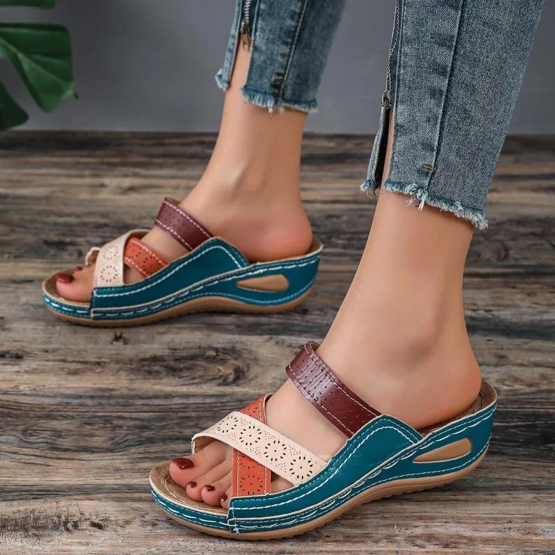 Fashion 2024 Hot Sale Shoes for Women Open Toe Women's Slippers Summer Rome Mixed Colors Outdoor Casual Beach Wedge Large Size Slippers