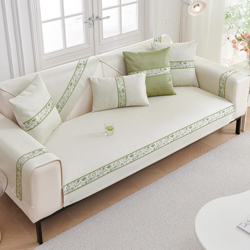 Sofa Cushion Summer Ice Silk Non-slip Sofa Cover Solid Color Embroidery Splicing Couch Covers Cooling Cool Feeling Sofa Cushion