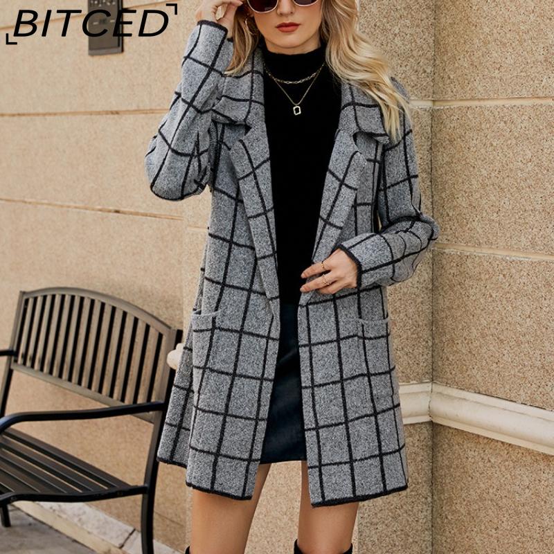 BITCED Autumn/Winter Long-Line Sweater: Colour-Blocked Houndstooth Knit Cardigan with Elegant Commuter Style Tailored Blazer with Suit Collar